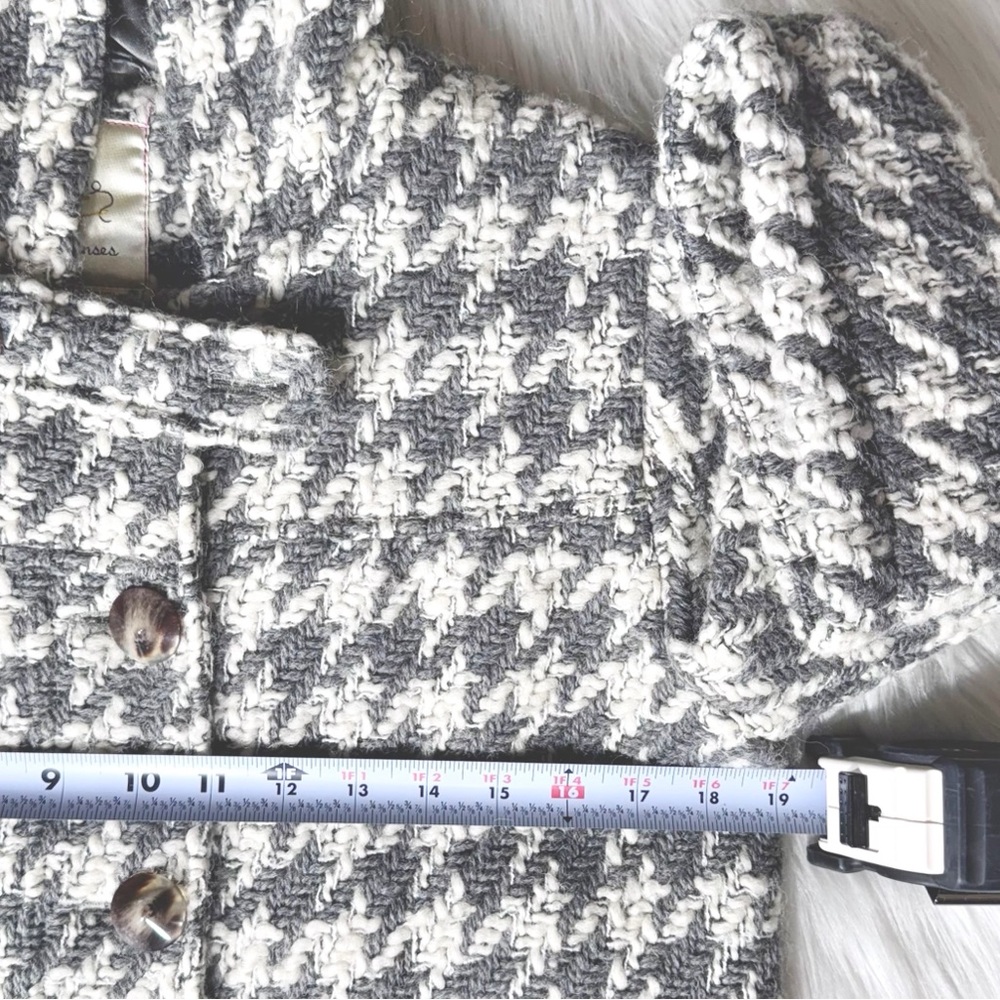Anthropologie Houndstooth Gray Tweed Crochet 3/4 Sleeve Hooded Peacoat Jacket S - Picture 13 of 14